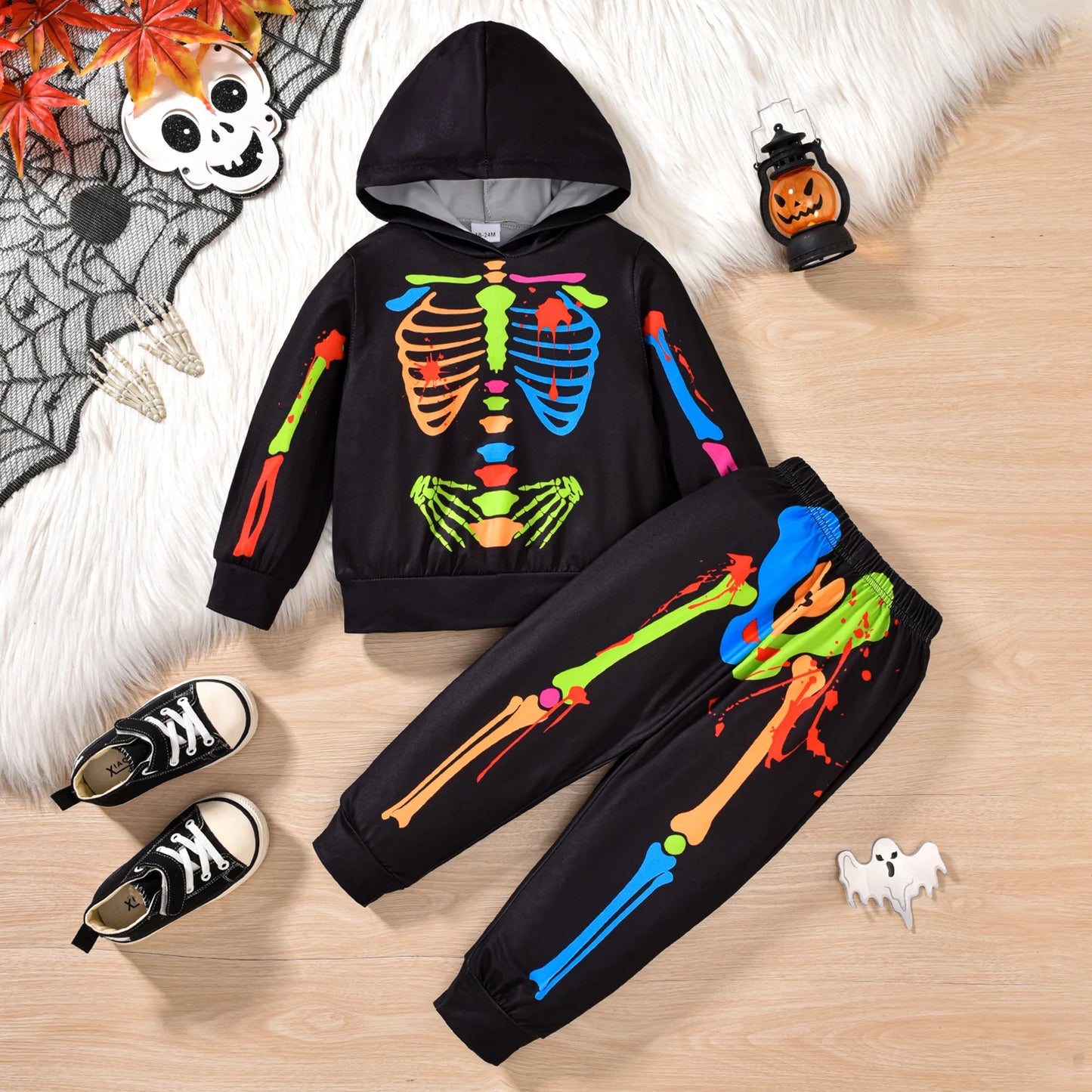 1-6Y Kids Boys Halloween Dark Skeleton Costume Clothes Sets Long Sleeve Cartoon Hooded Tops and Pants