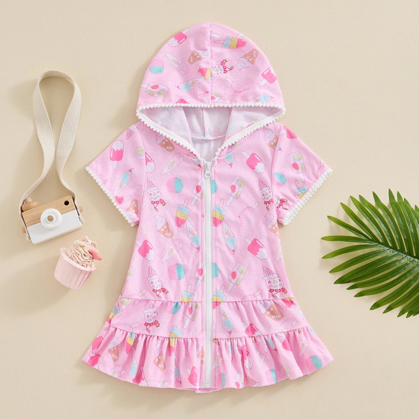 1-8Y Summer Kids Girls Beach Dress Watermelon Flamingo Ice Cream Print Hooded Zipper Closure Swimwear