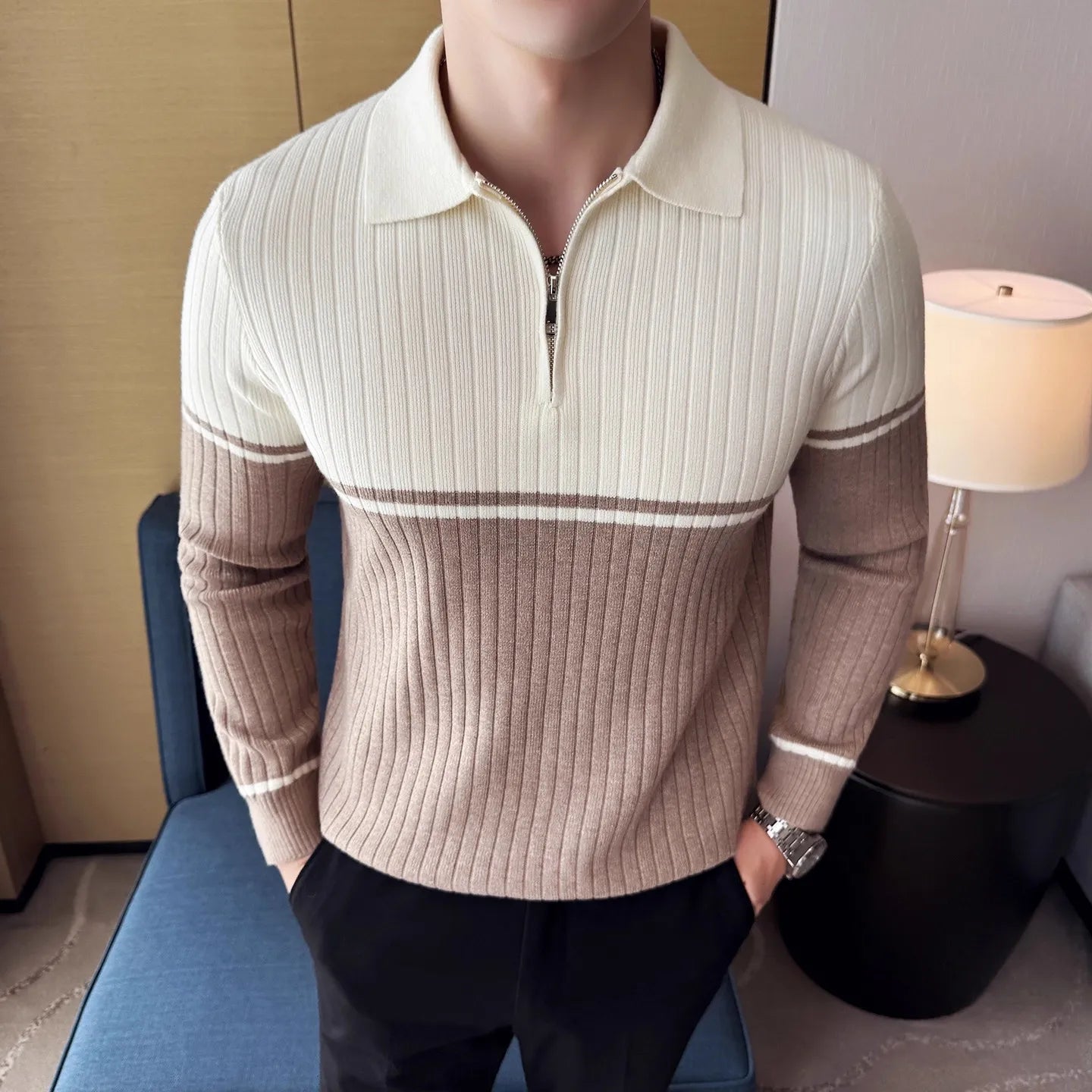 Men's Autumn Winter Polo Collar Sweater - Patchwork Knit Pullover