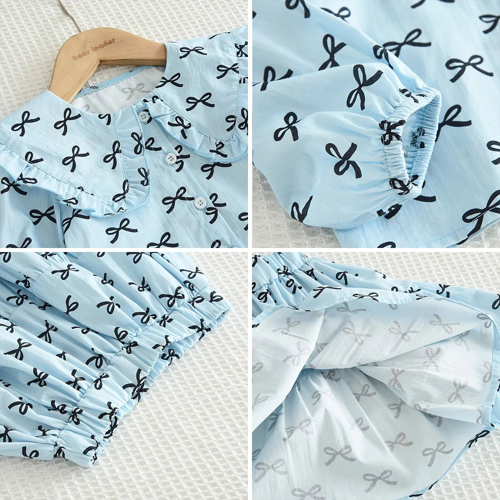 Girl's 2-6 Year Old Bow Print Long Sleeved Lapel Shirt and Skirt Two-piece Set