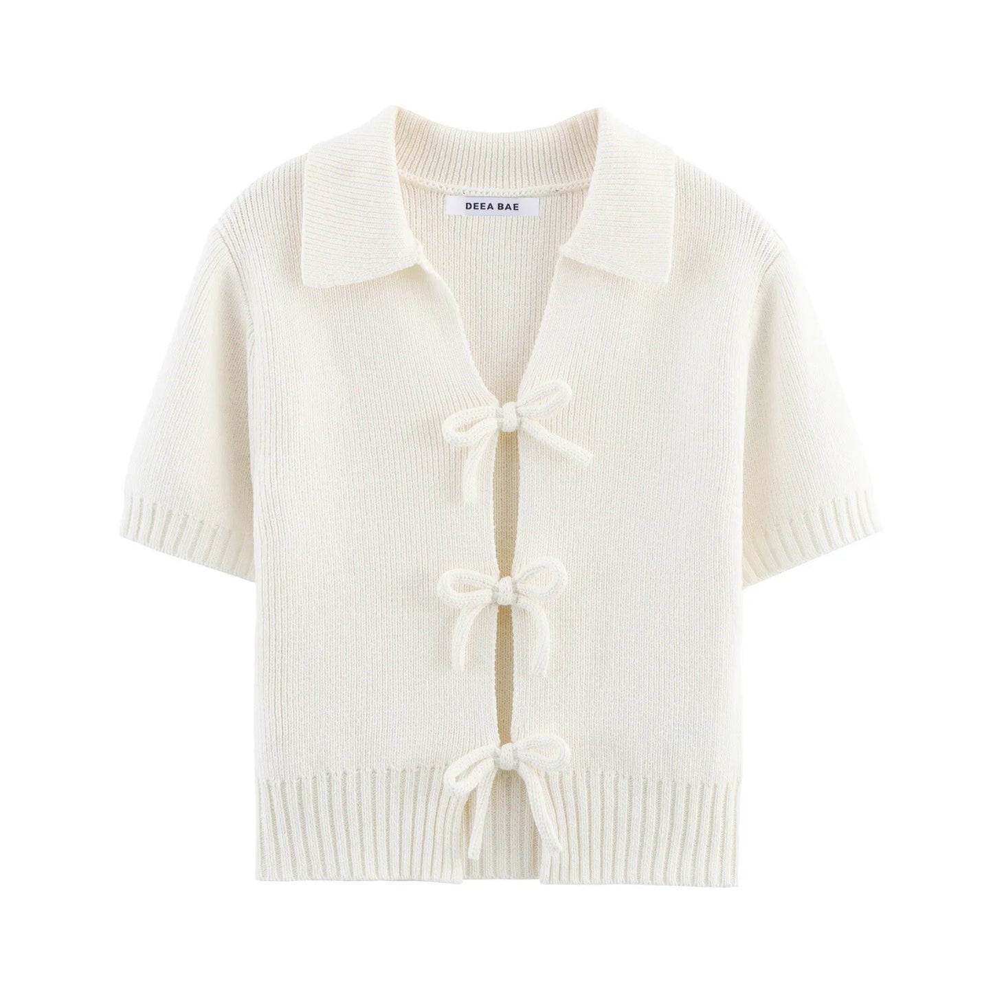 Women's Summer Bow Decoration Knitted Short Sleeved Round Neck Top T-shirt