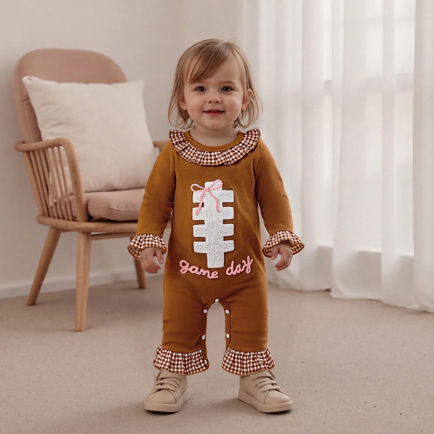 Baby Autumn Winter Romper - Plaid Print Football Embroidery Ruffled Jumpsuit (0-18M)