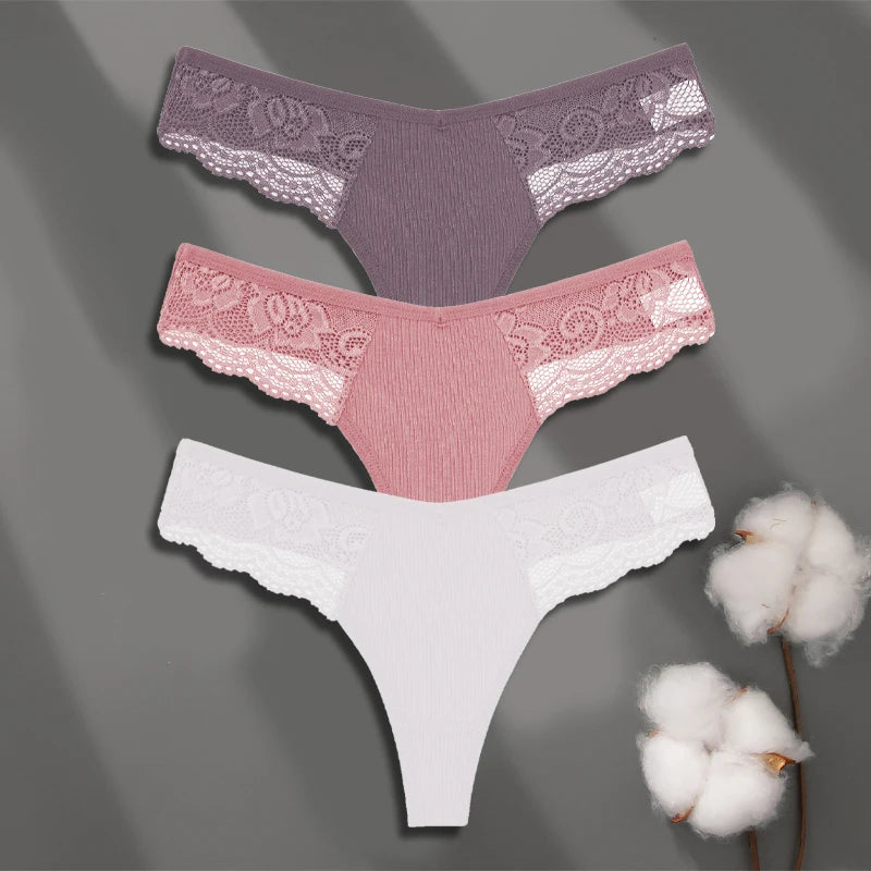 Cotton Lace Thongs - 3 Pack Low Waist Bikini Panties