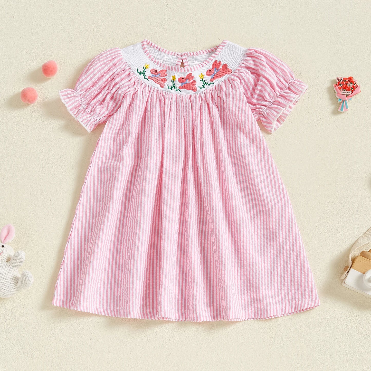 Baby Girls Easter Rabbit Embroidery Romper Dress - Striped Puff Sleeve Outfit