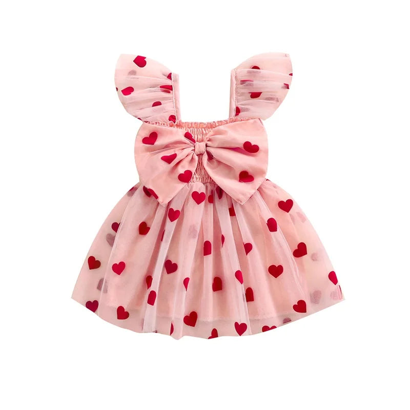Little Girls' Princess Tulle Dress - Heart Print Ruffles 3D Bow Mesh Tutu