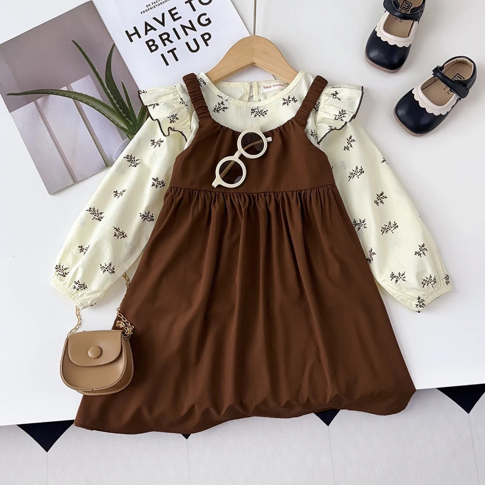 Girl's Long Sleeved Floral Top and Suspender Dress Set Two-piece Set