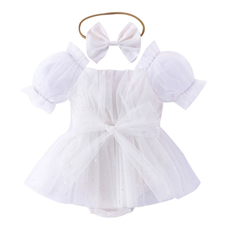 0-24M Princess Baby Girls Summer Romper Dress Short Sleeve Star Print Bowknot Tulle Patchwork Jumpsuits with Headband
