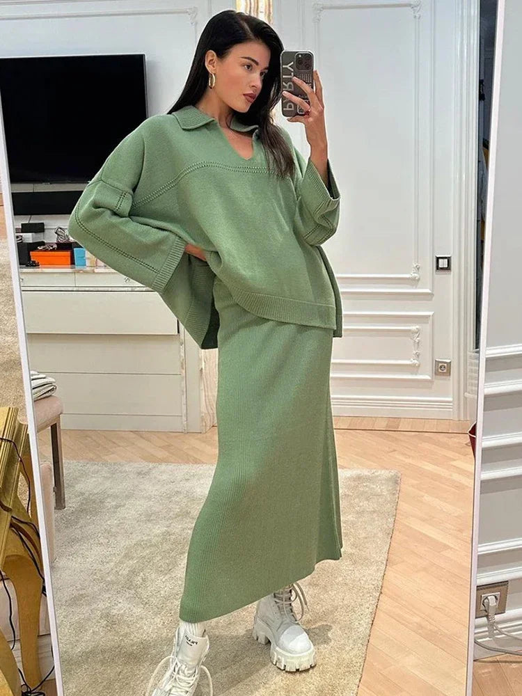 Women's Loose Sweater V-Neck Knit Pullover Top and Long High Waist Skirt 2 Piece Set