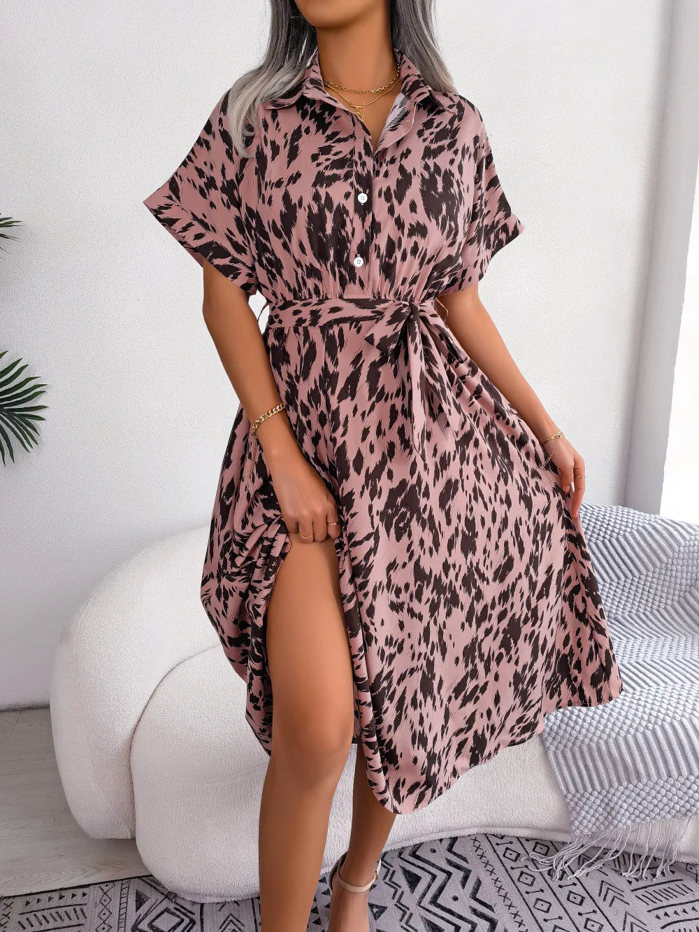 Women's Summer Casual Loose Leopard Lace Up Shirt Chic Dress