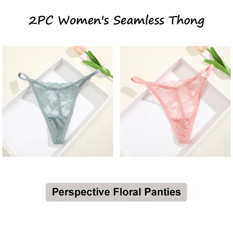 Floral Lace Thong Underwear - Low Waist Transparent Briefs for Women