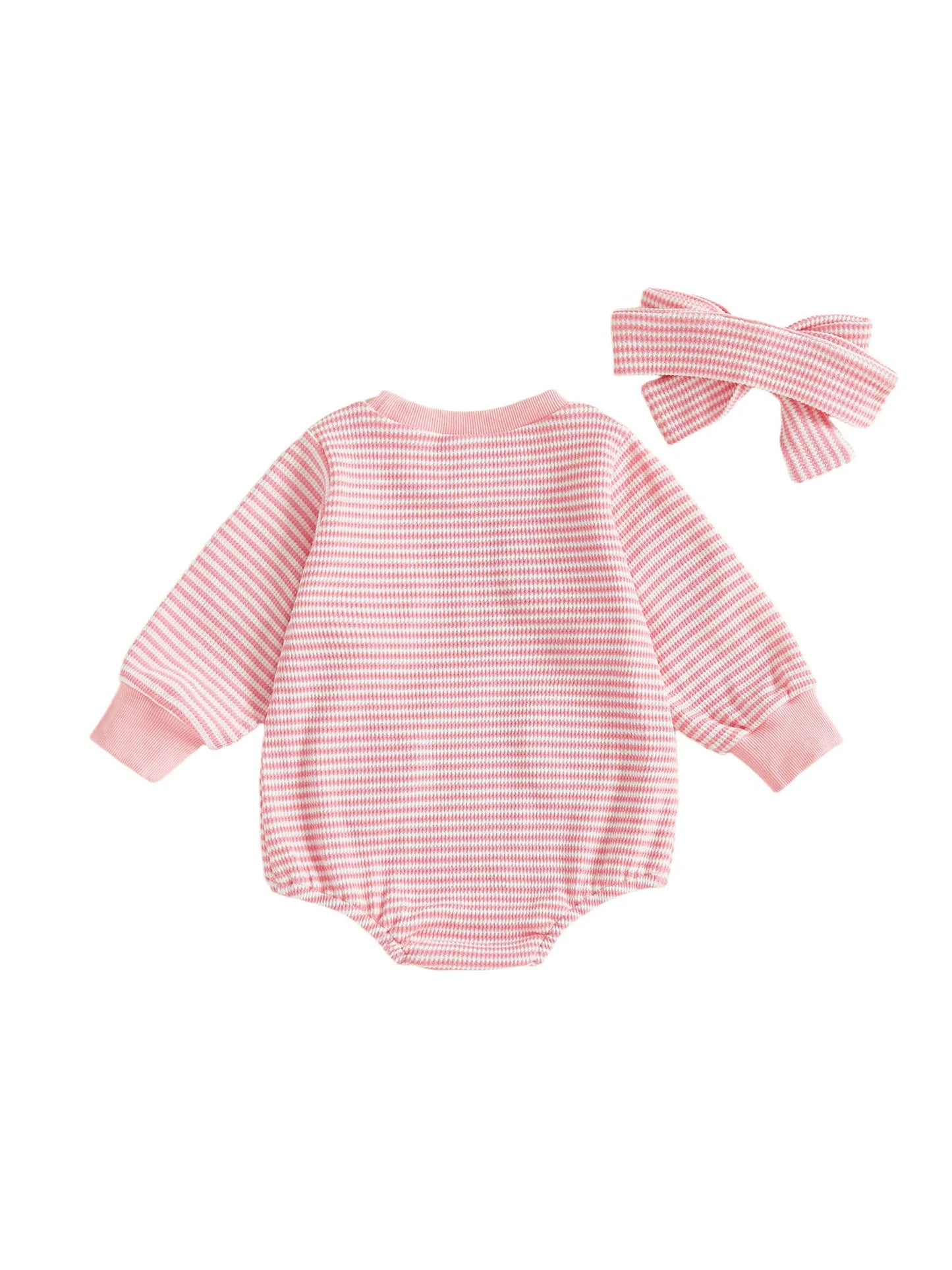Baby Valentine's Day Romper Set - Striped Heart Embroidery with Headband