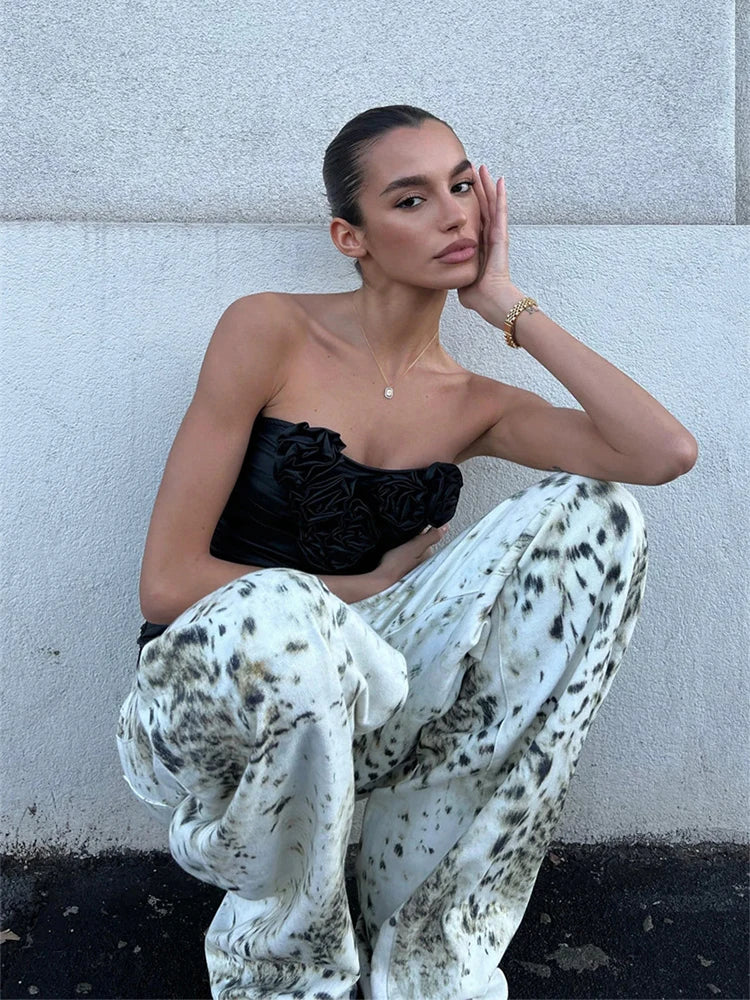 Women's Vintage Leopard Wide-Leg Jeans - Casual Streetwear Straight Pants
