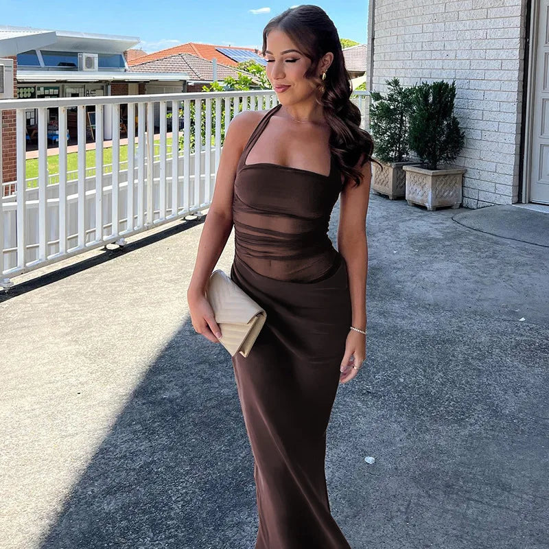 Women's Elegant Halter Mesh Sheer Cut Out Maxi Dress - Party Long Dress Outfit Asymmetrical Ruched Gown Summer Dress