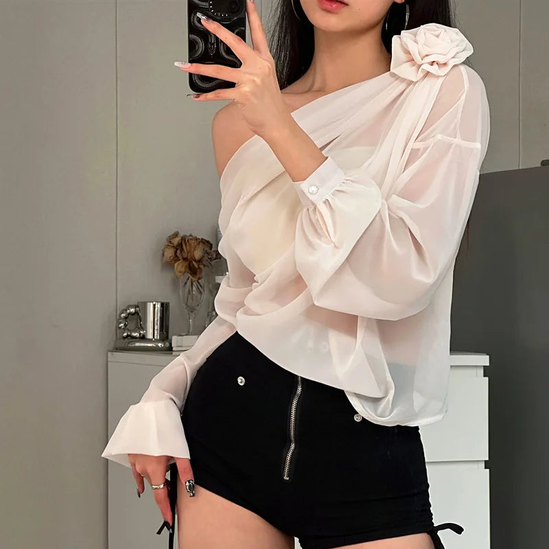 Women's Folds Flower Cover Up Mesh Sheer Long Sleeve Oversized See Through Cover-up Shirt
