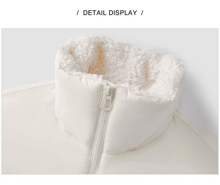 Down Jacket Women Loose Solid Color Winter Patchwork Imitation Lamb Wool Stand-Up Collar Textured