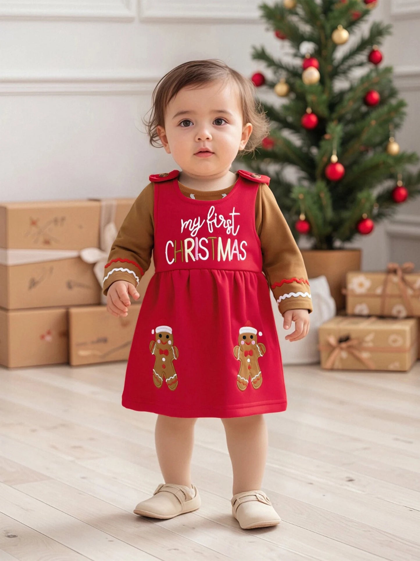 Baby Girls Christmas Clothes Set - Long Sleeve Romper & Gingerbread Man Embroidery Overalls Dress