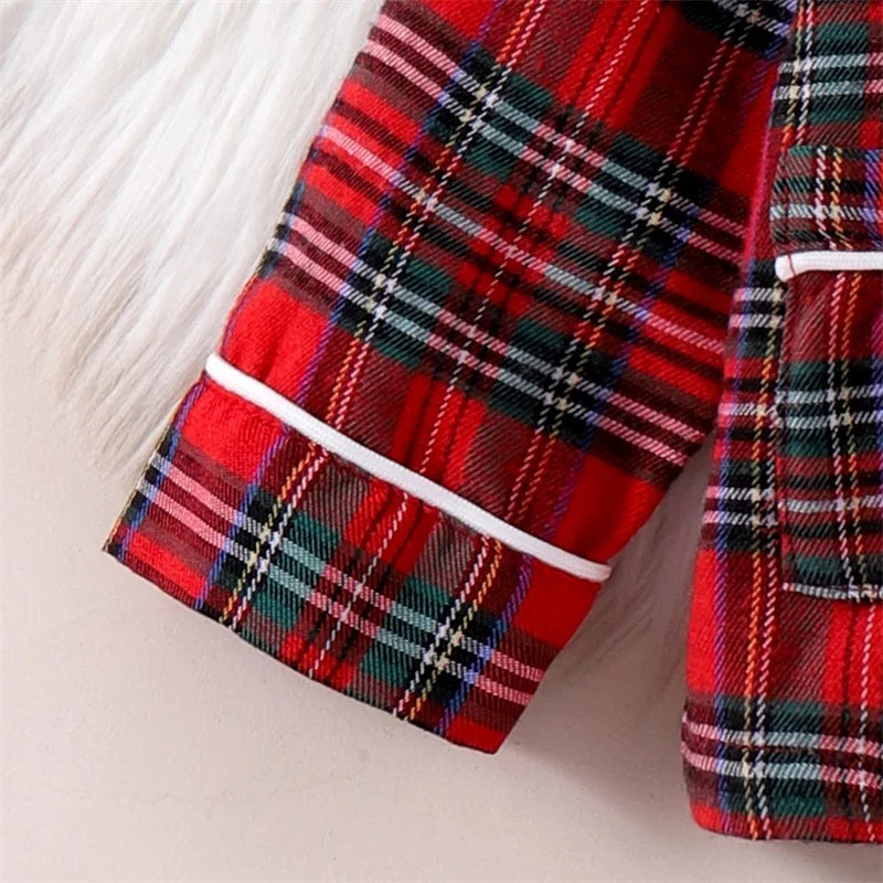 Kids Christmas Pajamas Set - Plaid Print Turn Down Collar Shirt & Pants