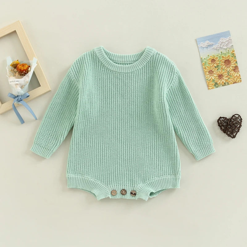 Baby Sweater Romper - Solid Knitted Long Sleeve Pullover Jumpsuit