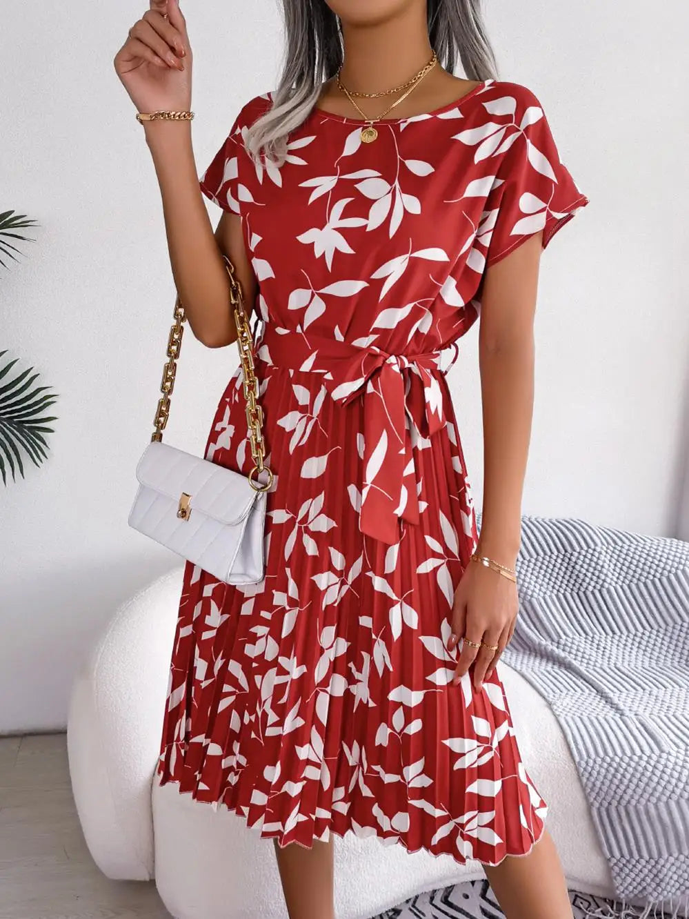 Women's Floral Pleated A Line Long Spring Summer Short Sleeve High Waist Chic Dress