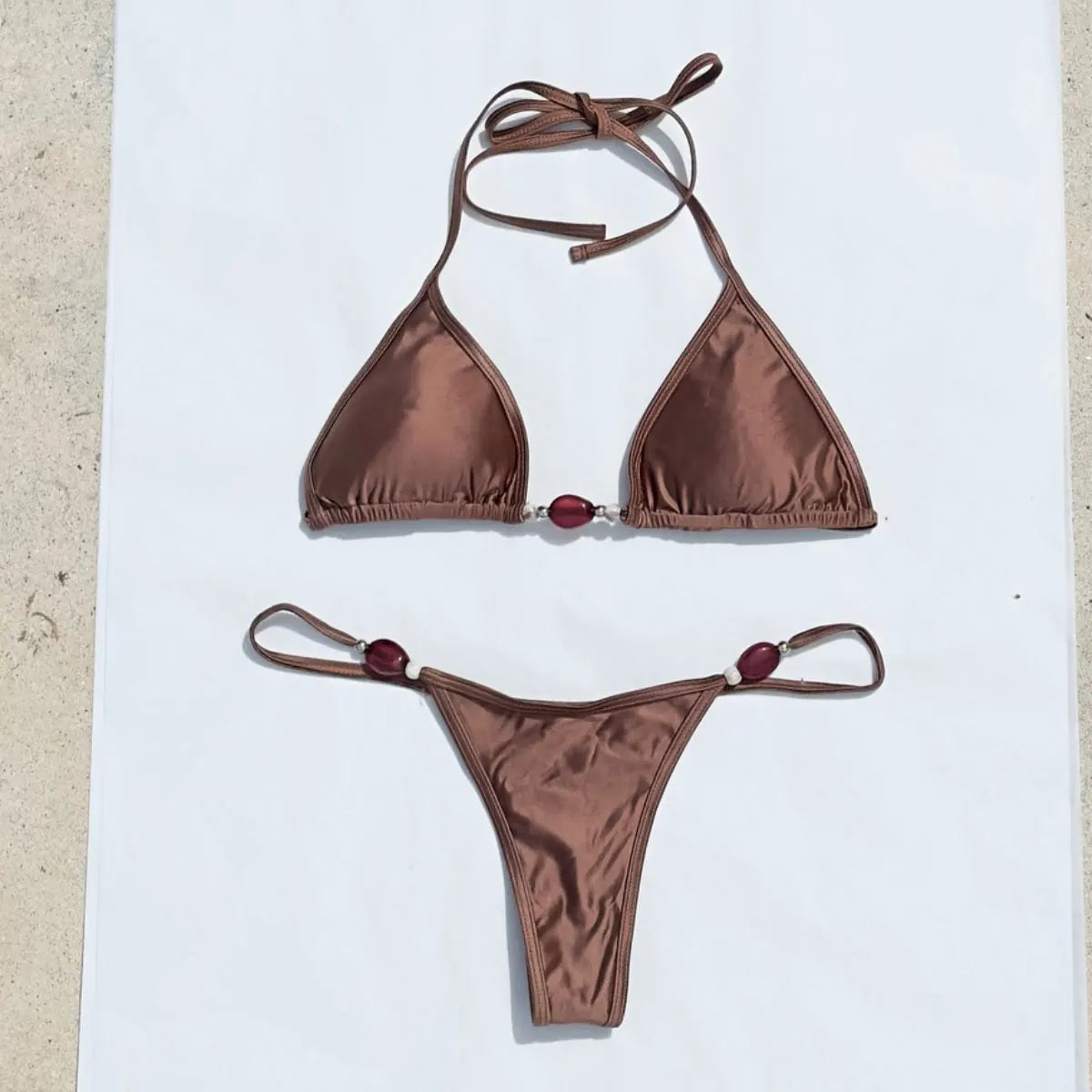 Women's Deep V-Cut Halter Bikini - Beaded Thin Strap Swimwear