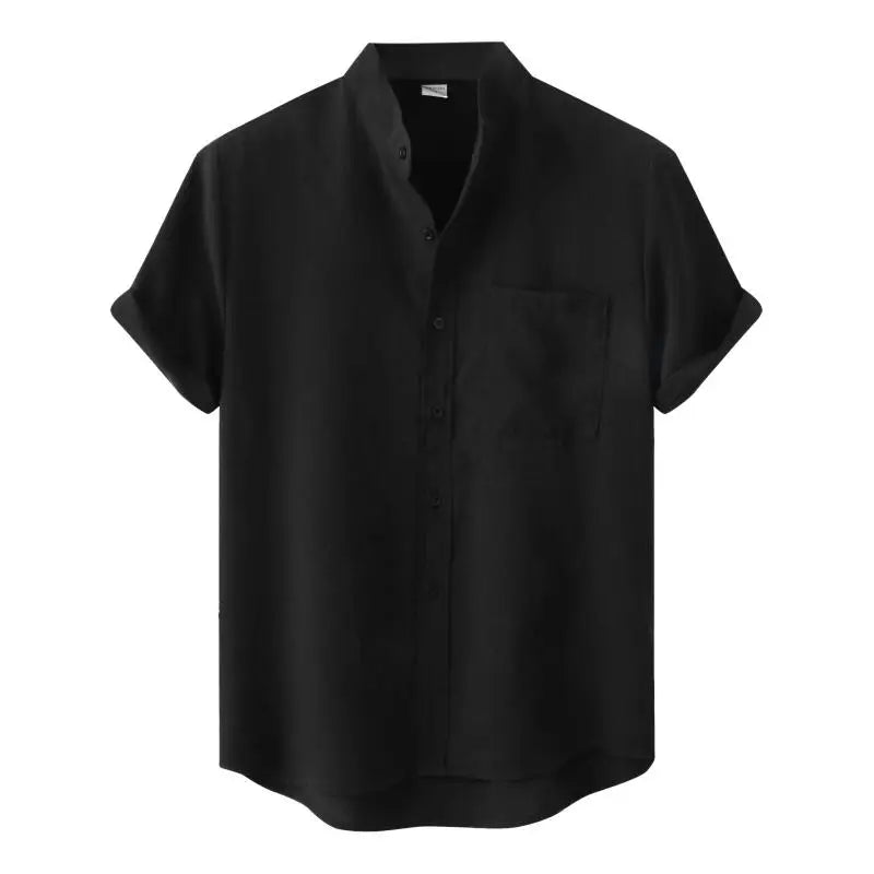 Men's Cotton Linen Short Sleeved Breathable Stand Collar Single Breasted Shirt