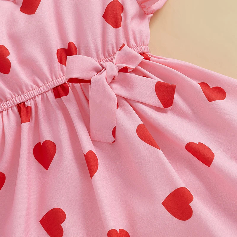 Girls' Valentine's Heart Print Dress - Flutter Sleeve V-Neck A-Line Dress