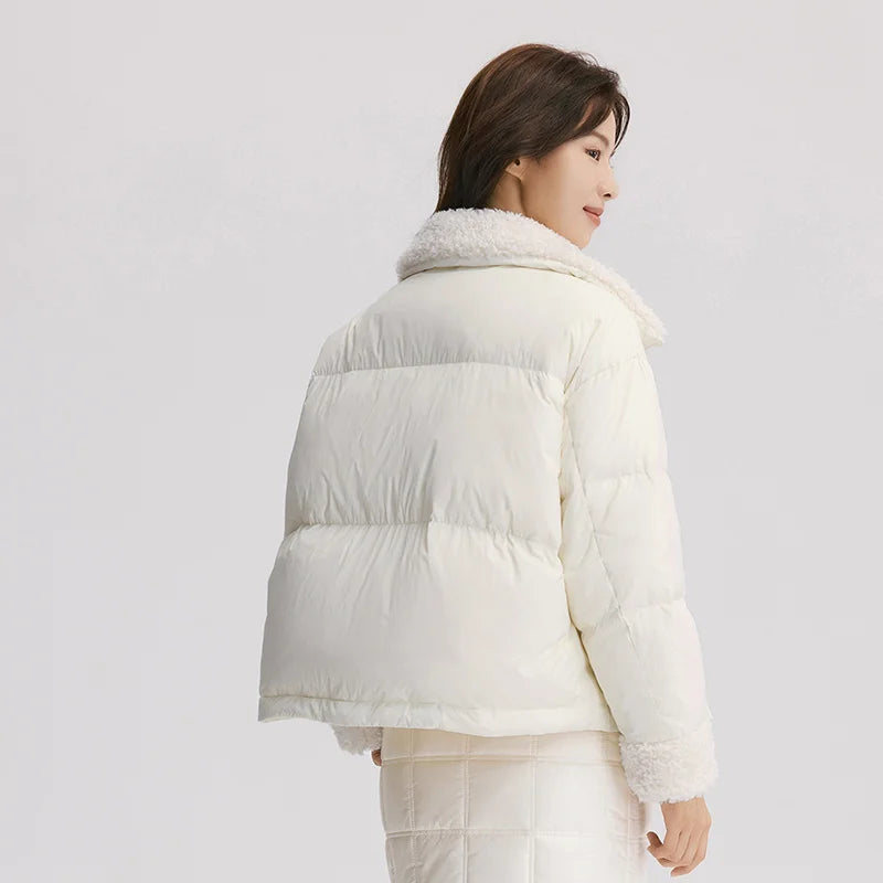 Down Jacket Women Loose Solid Color Winter Patchwork Imitation Lamb Wool Stand-Up Collar Textured