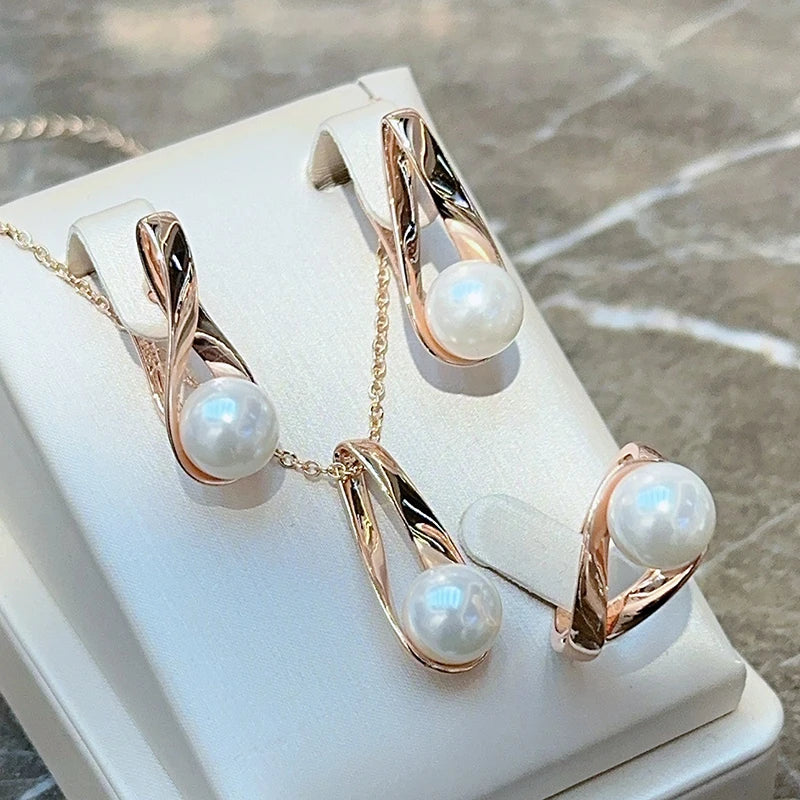 Luxury Pearl Geometric Hollow Ring - Rose Gold