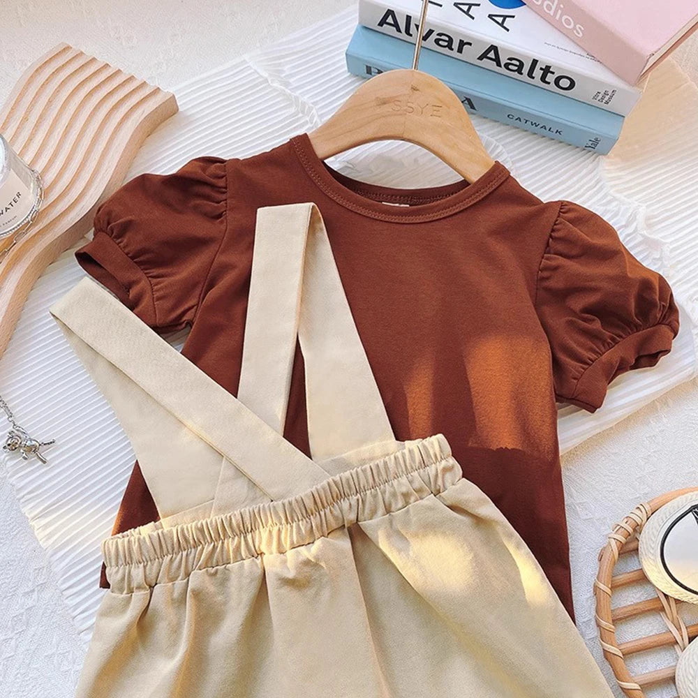 Girl's Summer Puff Sleeve T-Shirt Button Strap Skirt Two Piece Set