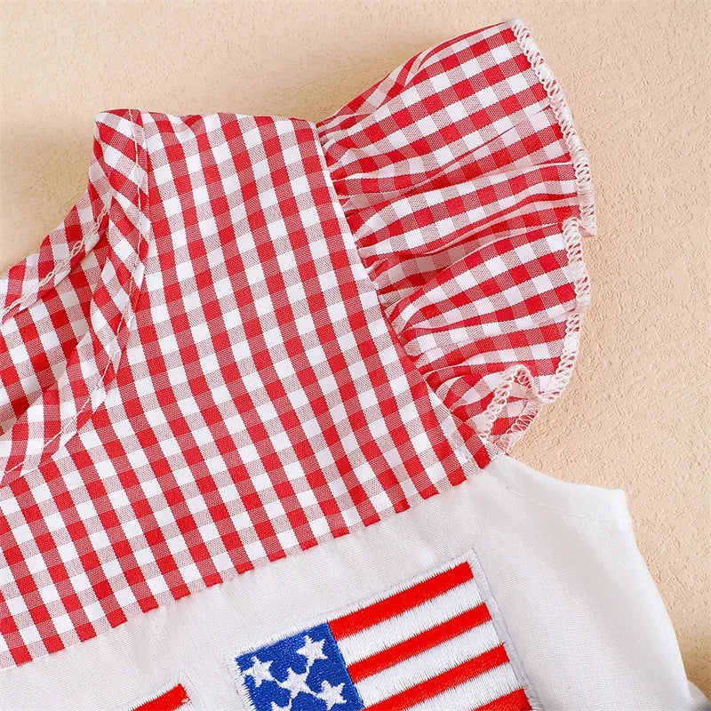 Baby Girls Independence Day Romper - Cute Ruffles Fly Sleeve Plaid Print Jumpsuit (0-18M)