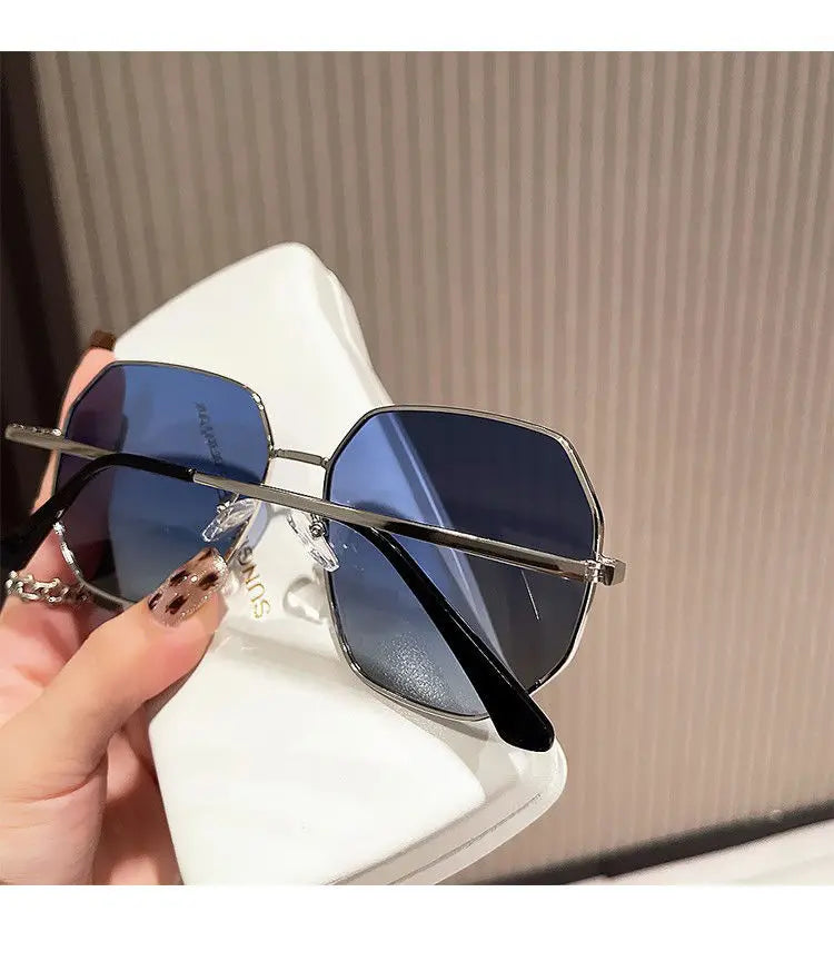 Unisex Transparent Blue Sunglasses - Large Frame Polygonal Metal Eyewear