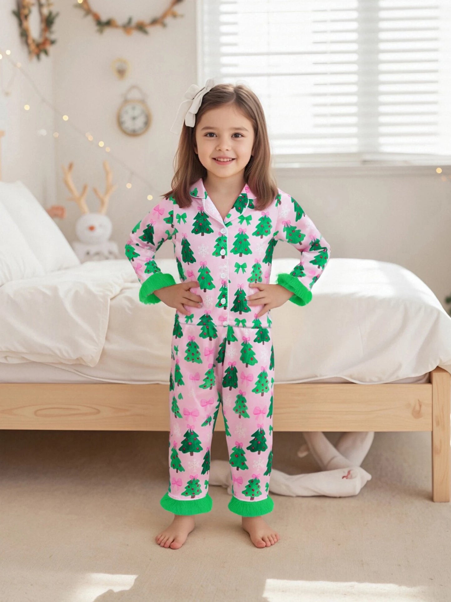 Kids Girls Christmas Satin Pyjamas Set - Tree Print Button Down Top & Pants (0-7Y)