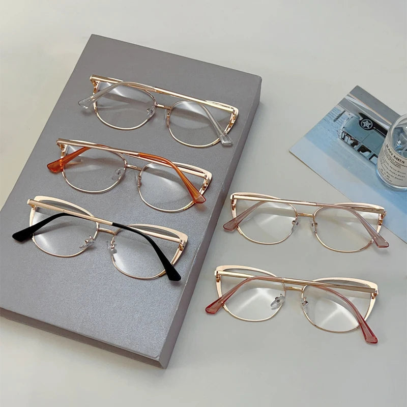Trendy Retro Cat Eye Glasses - Women's Korean Style Semi-Rimless Pink Eyewear