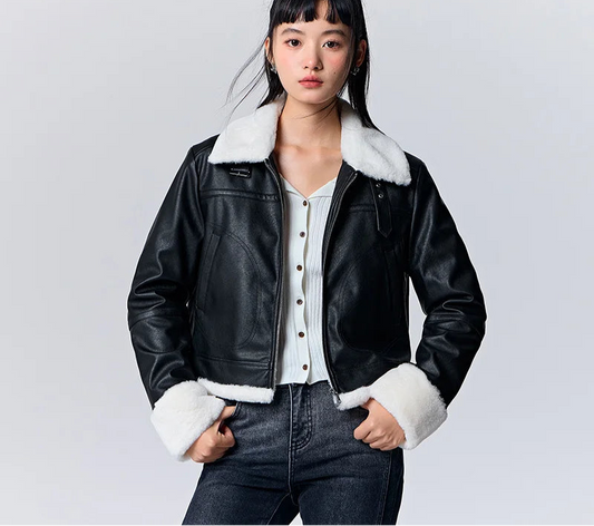 Quilted Faux Leather Cropped Jacket - Women's Winter Outerwear