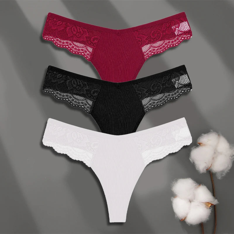 Cotton Lace Thongs - 3 Pack Low Waist Bikini Panties
