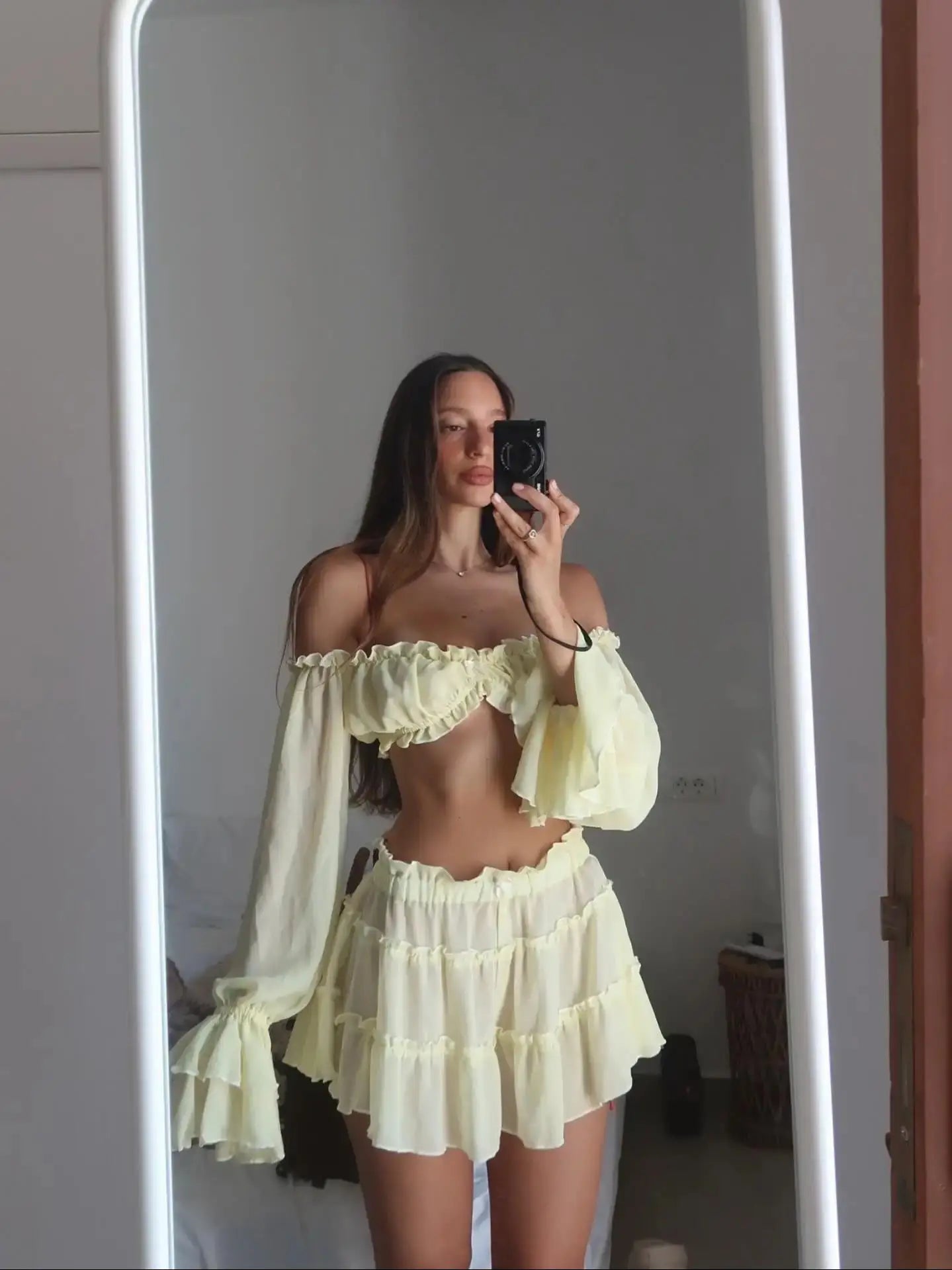 Women's Ruffle Beach Cover Up Dress - Long Sleeve High Waist Bandage Beachwear