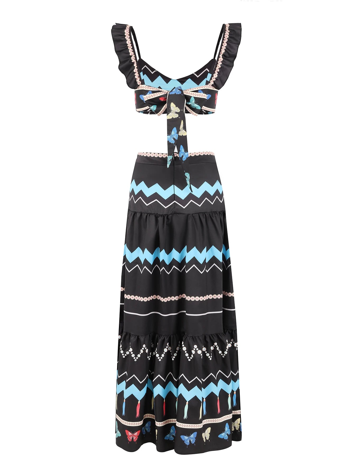 Women's Print Beach Two Piece Skirt White Bra High Waist A-line Long Skirt Beach Set