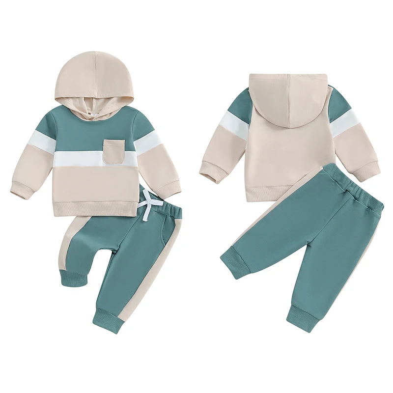0-4Y Toddler Kids Boys Girls Fall Clothes Set Color Patchwork Long Sleeve Hooded Sweatshirt and Elastic Waist Pants