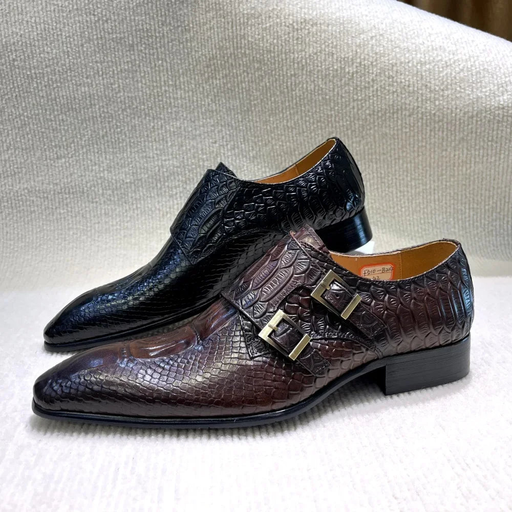 Men's Italian Genuine Leather Formal Oxford Python Crocodile Pattern Button Detailing for Office Party Wedding Shoes