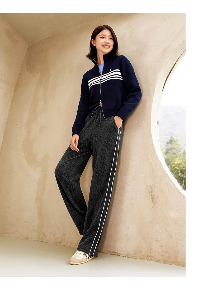 Chenille Wide Leg Trousers - Women's Colorblock Slimming Street Style Pants