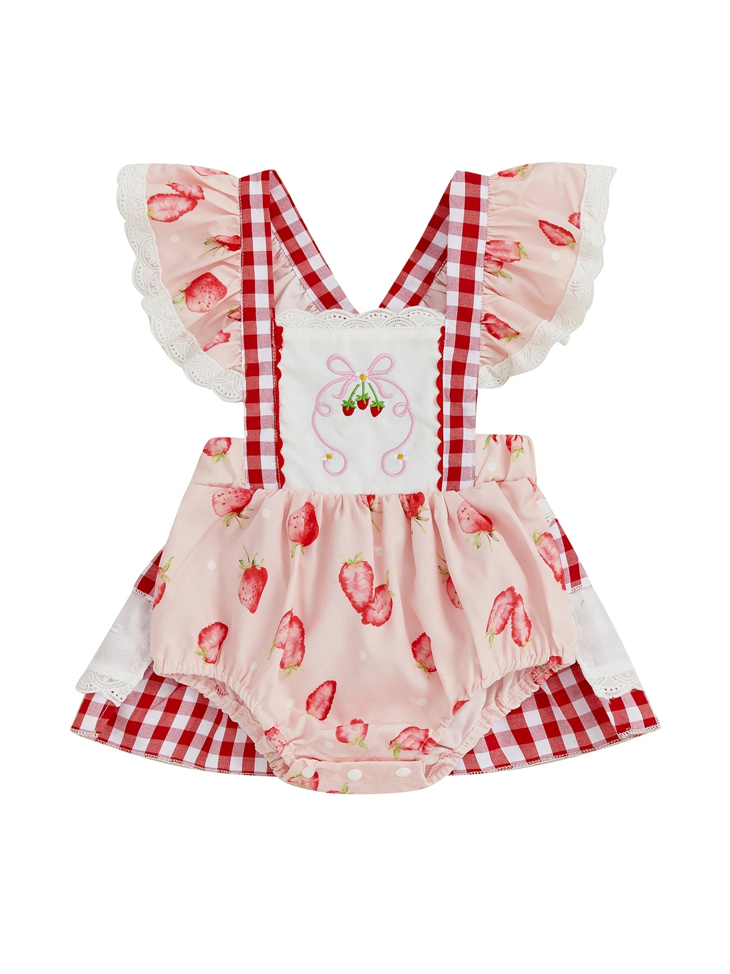 Baby Girls Strawberry Plaid Romper Dress - Flutter Sleeve Summer Jumpsuit (0-24M)