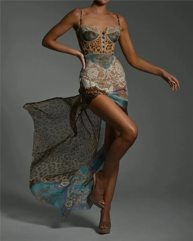 Women's Leopard Print Lace Split Maxi Gown Elegant Patchwork Chiffon Sleeveless Backless Beach Evening Dress