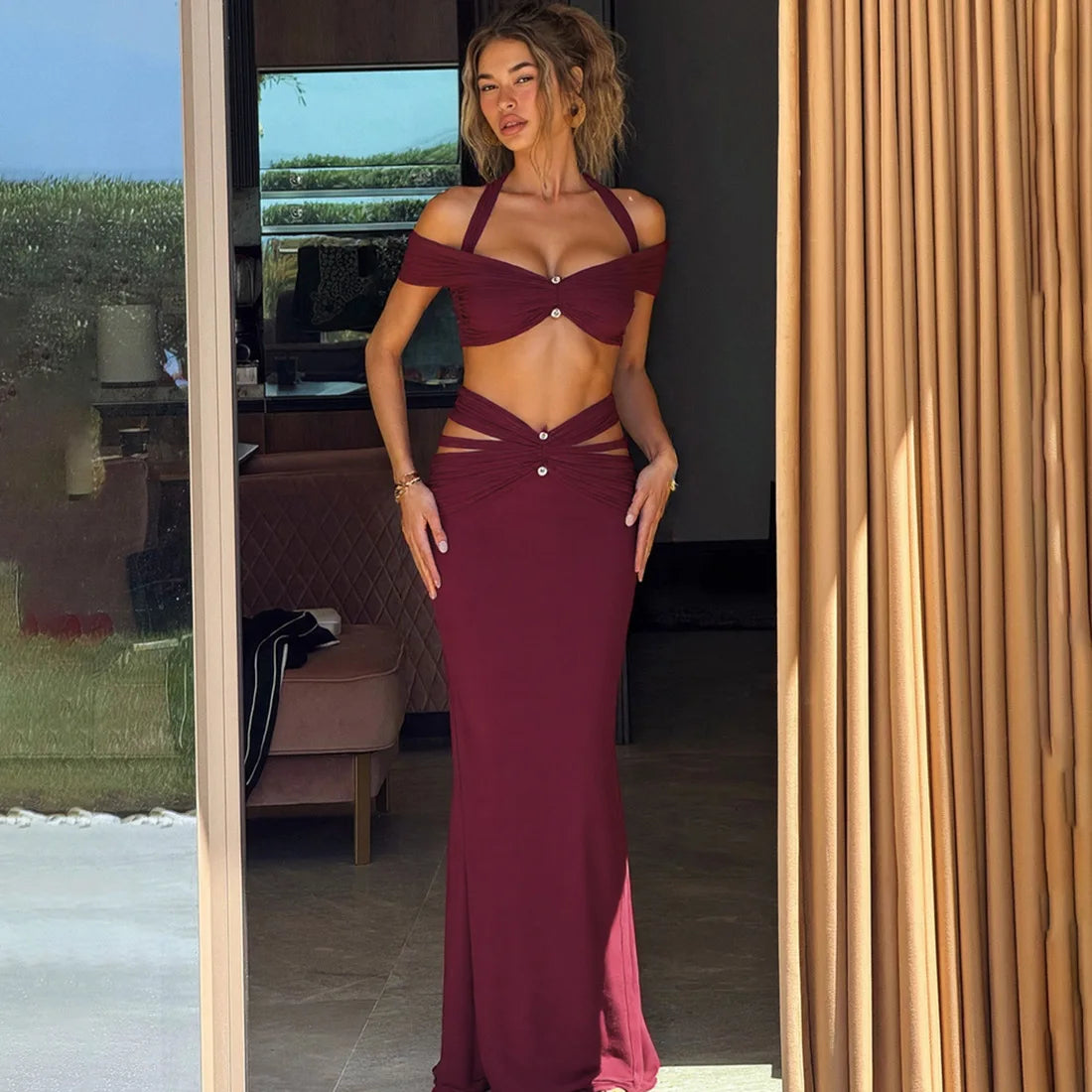 Women's Elegant Ruched Cut Out 2 Piece Dress Set - Halter Top & Maxi Skirt
