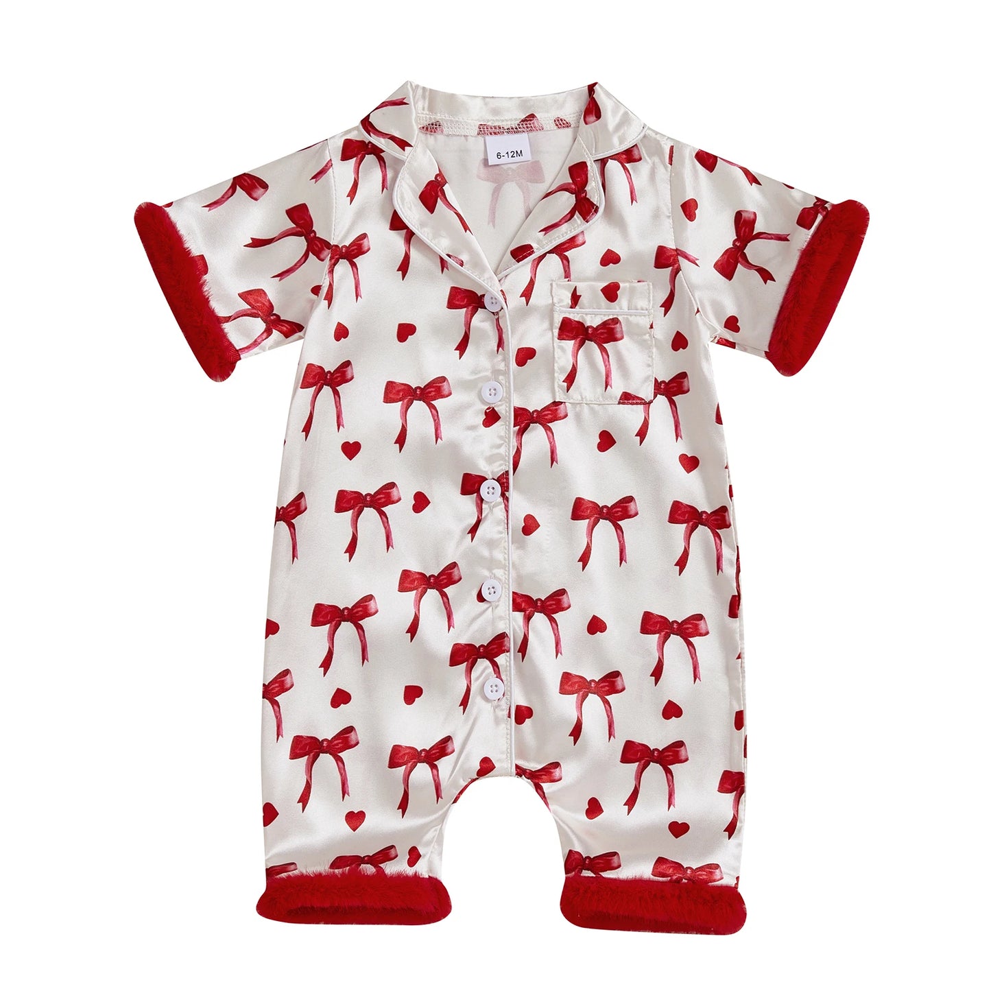Baby Girls' Satin Romper Pajamas - Bow Print Feather Cuffs Short Sleeve Lapel Jumpsuit