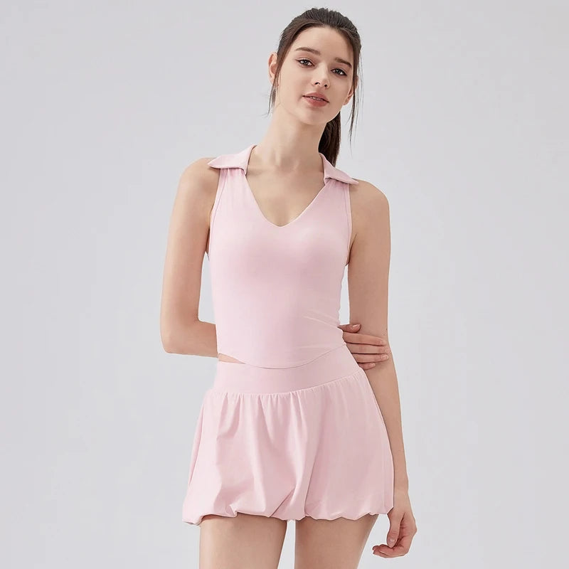 Women's Two Pieces Fitness Yoga Set - Breathable Tennis Skirt and Top Combo