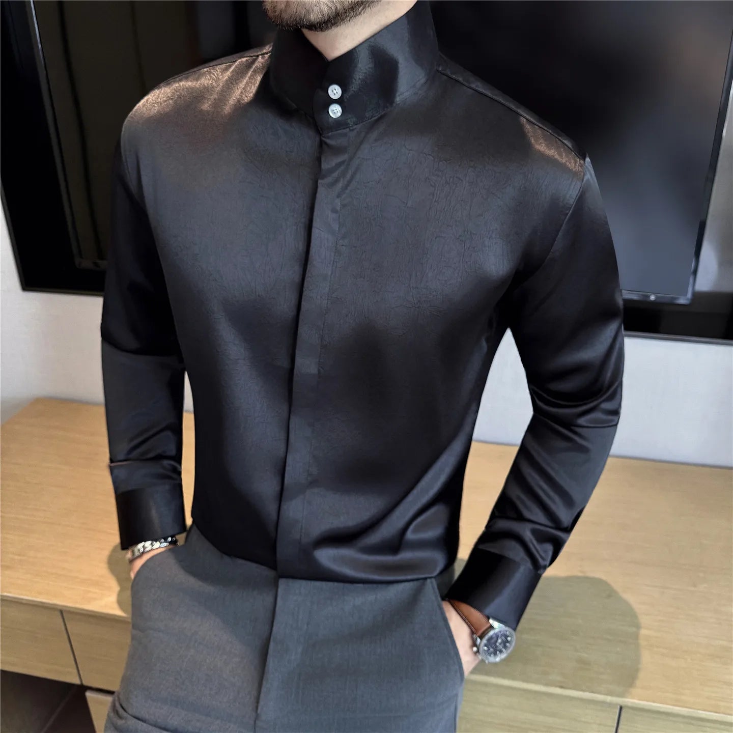 Men's Long Sleeve Stand Collar Casual Shirt