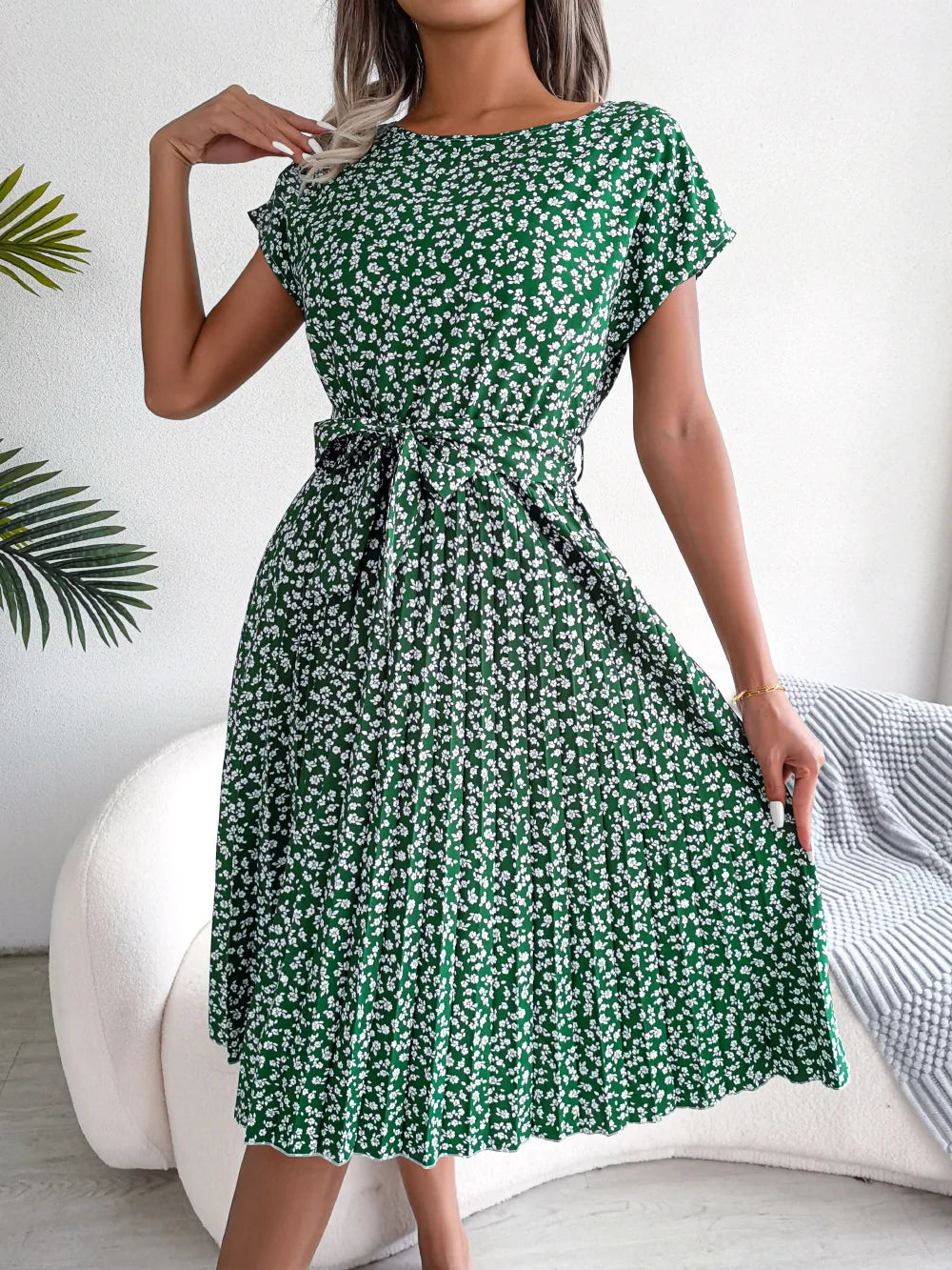 Women's Floral Pleated A Line Long Spring Summer Short Sleeve High Waist Chic Dress