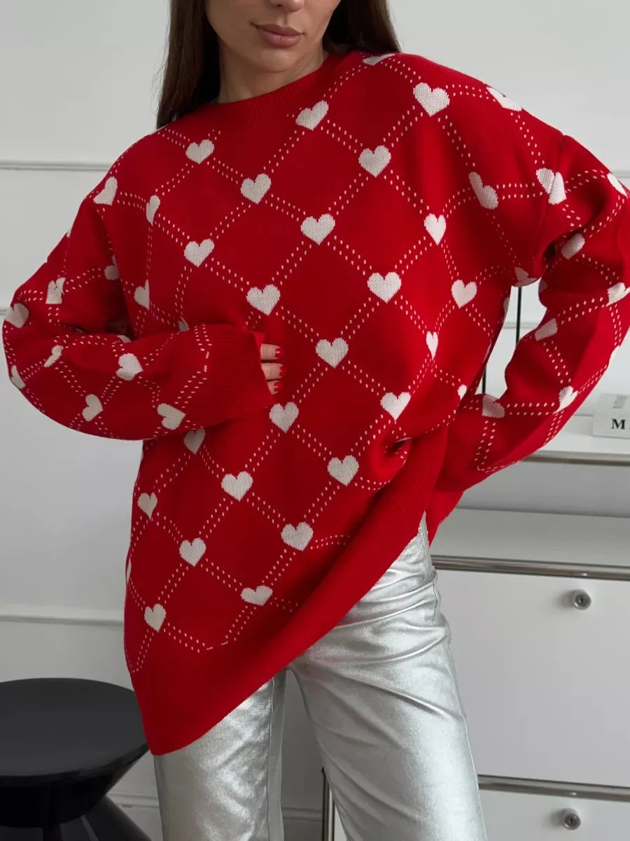 Women's Love Heart Printed Round-neck Pullover Sweater