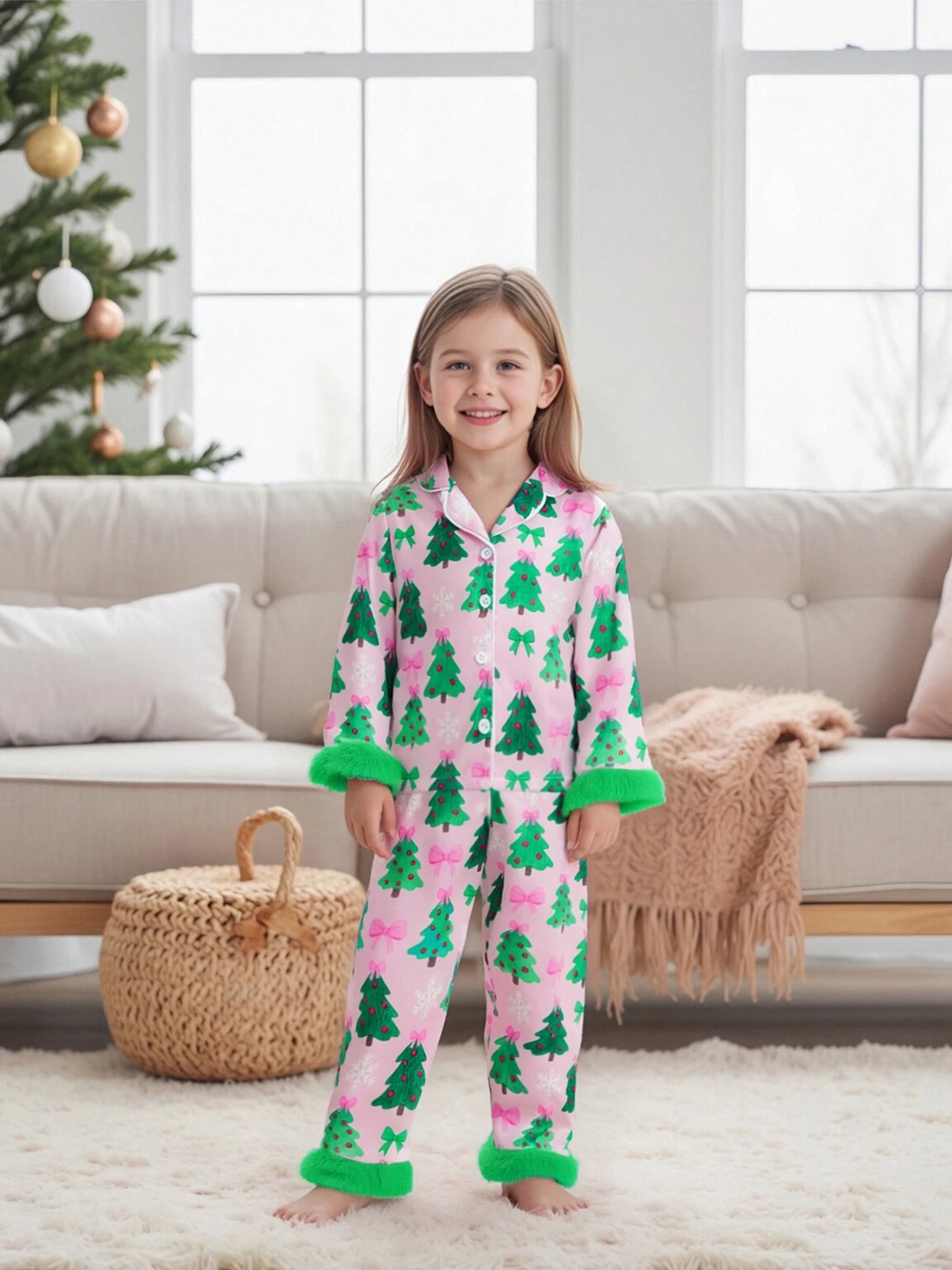 Kids Girls Christmas Satin Pyjamas Set - Tree Print Button Down Top & Pants (0-7Y)