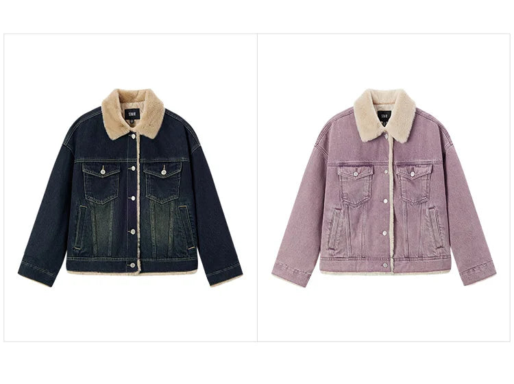 Denim Jacket Women Patchwork Imitation Rabbit Fur Lapel Loose Winter Quilted Jacket